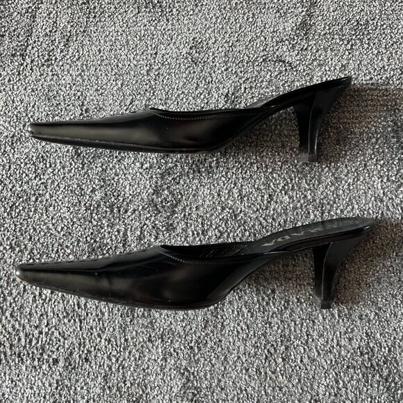 Prada Mules Black Leather Slip On Kitten Heels Slides Shoes Size 37 Made Italy - Picture 14 of 16